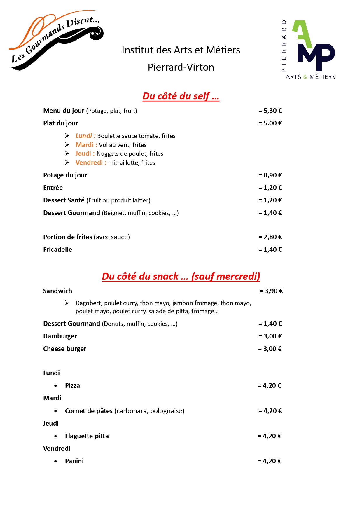 Tarif plats du jour
